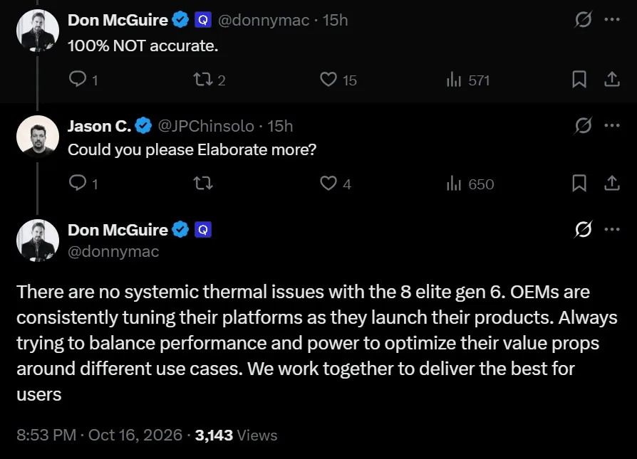 Social media post from Qualcomm marketing chief Don McGuire addressing Snapdragon 8 Elite overheating claims.