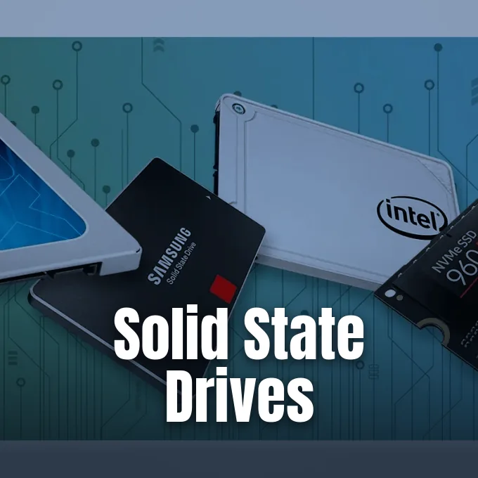 Several solid state drives including SATA and NVMe models resting against a circuit pattern background.