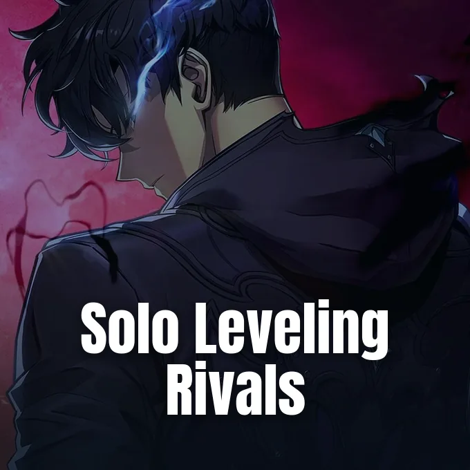 Sung Jinwoo looking back with glowing blue eyes against a dark and magenta background.