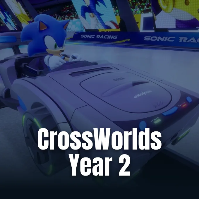 Sonic the Hedgehog driving a purple Sega Saturn shaped race car on a futuristic track