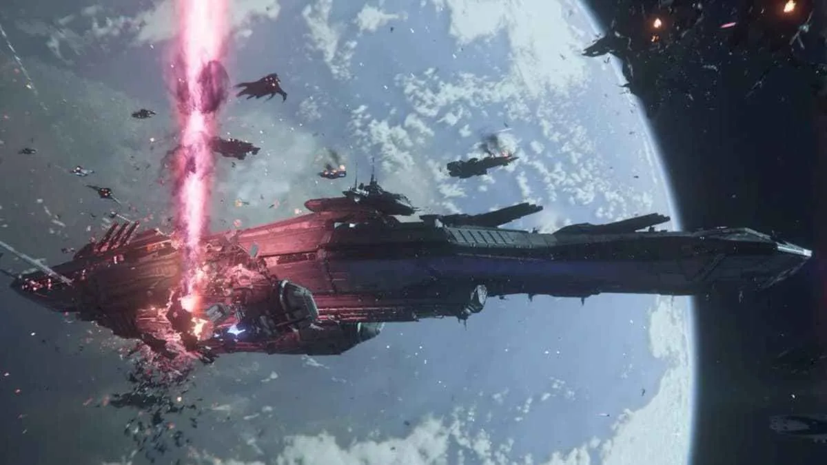 A combat starship damaged in battle over a planet in Squadron 42.
