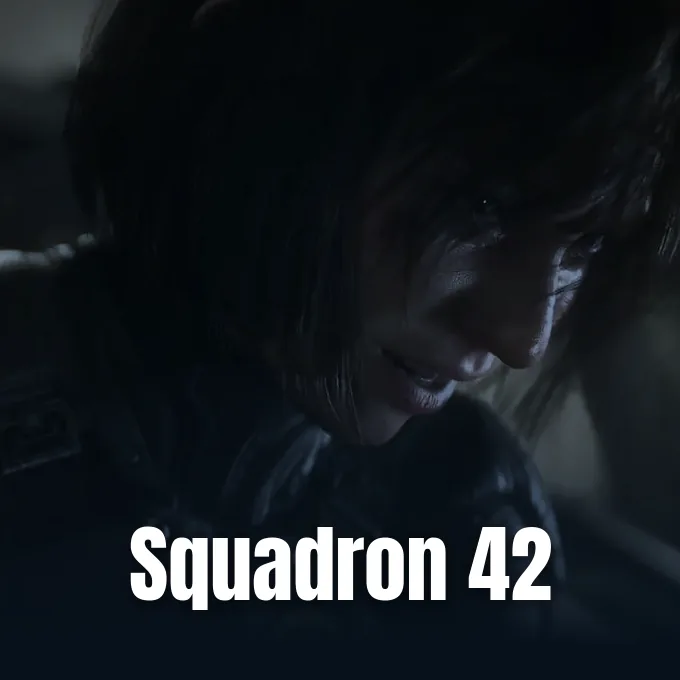 A close-up view of a focused female pilot inside a dark cockpit from Squadron 42.