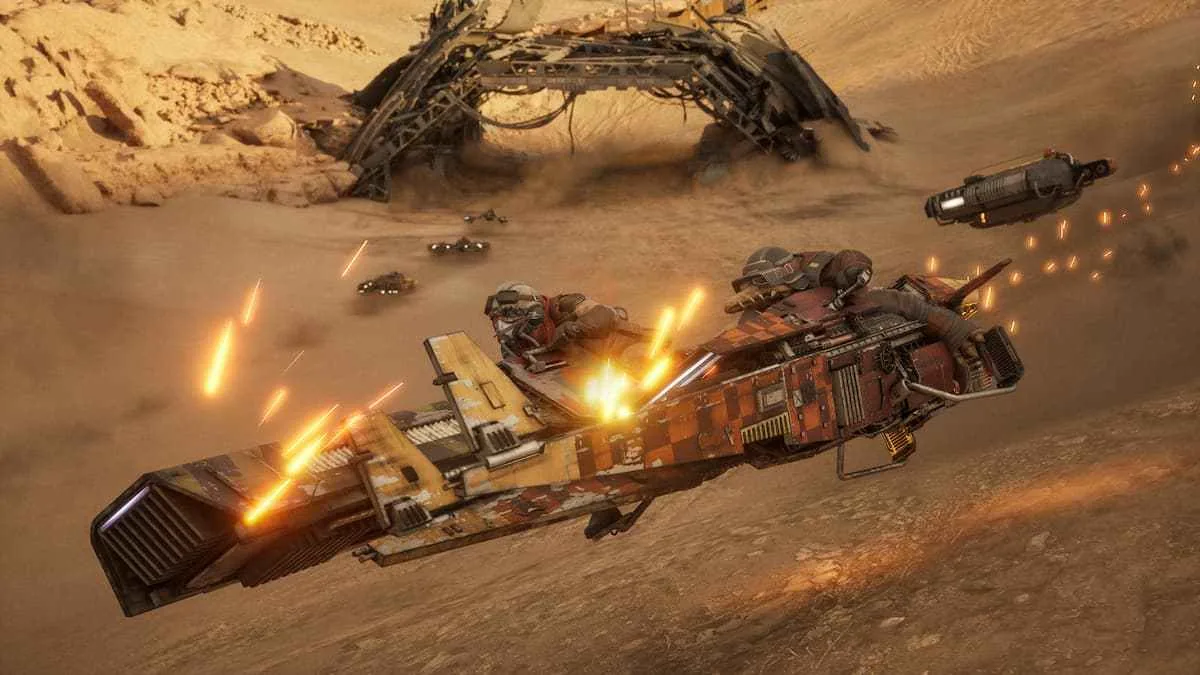 Repulsorcraft race across a desert track during a tournament event in Star Wars Galactic Racer.