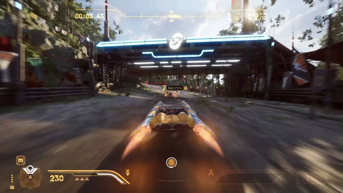 A landspeeder fires its afterburners toward the finish line on Lantaana in Star Wars Galactic Racer.