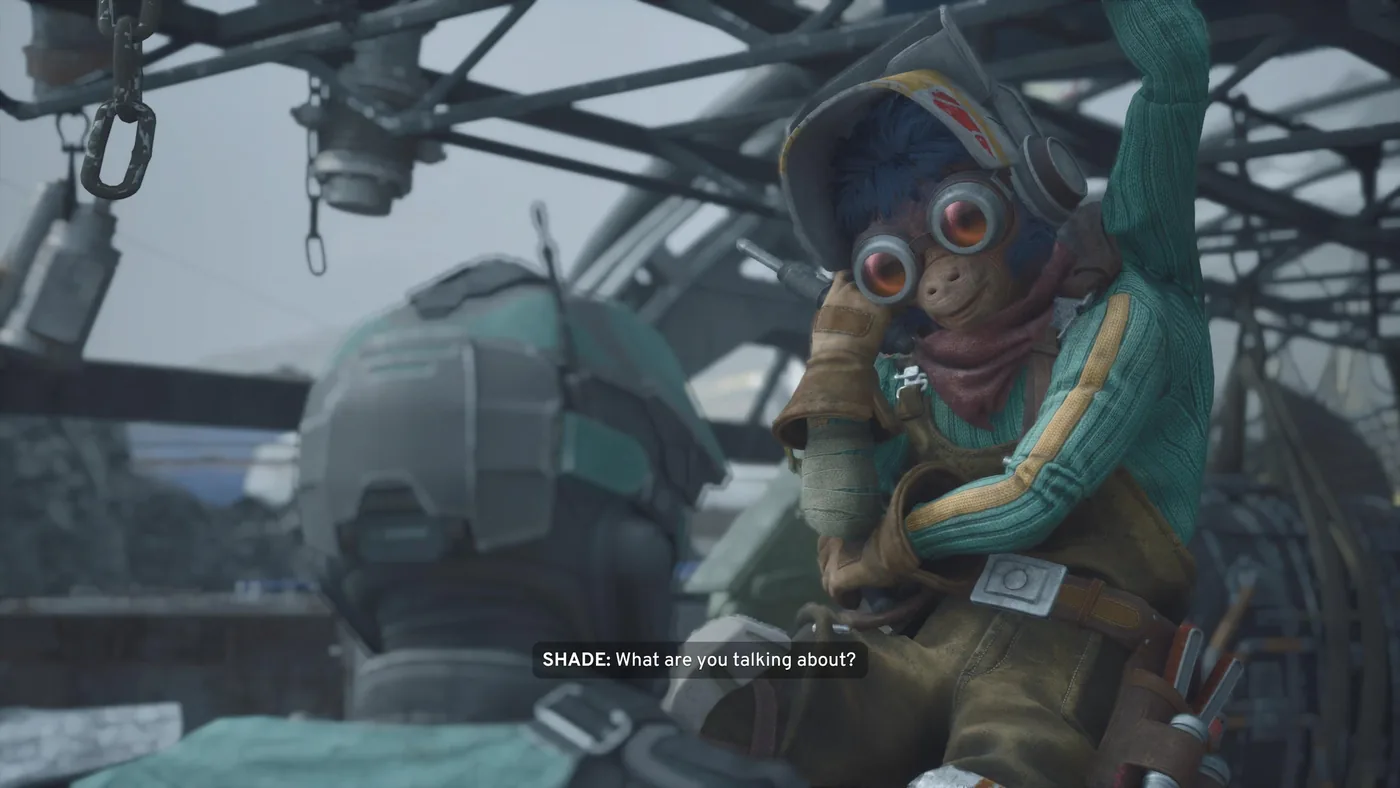 Shade confers with the mechanic Hibi in the paddock hub between races in Star Wars Galactic Racer.