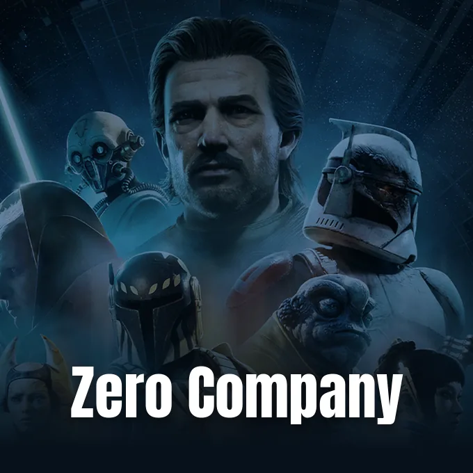 A promotional group artwork featuring key characters and a clone trooper from Star Wars Zero Company.
