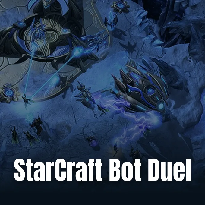 Overhead in-game view of futuristic StarCraft sci-fi units engaged in a tactical battle on terrain.