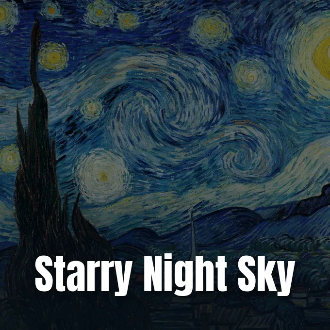 A cropped view of Vincent van Gogh's painting The Starry Night showing swirling night skies.
