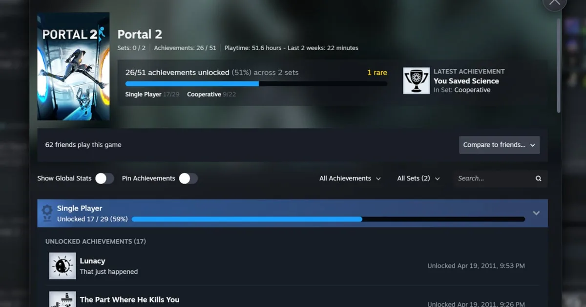 Overhauled Steam achievements page showing progress bars and filter toggles