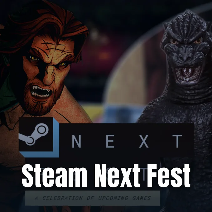 Video game characters Bigby Wolf and Godzilla featured alongside an official Steam Next Fest banner artwork.
