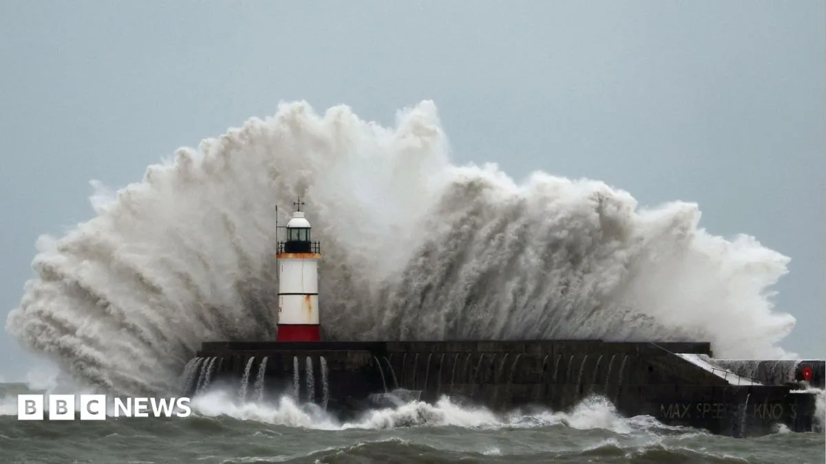 Storm Austen winds pushing heavy surf against the southern coastline.