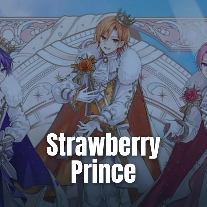 Anime style illustration depicting male idol group members wearing ornate royal white and colored princely outfits.