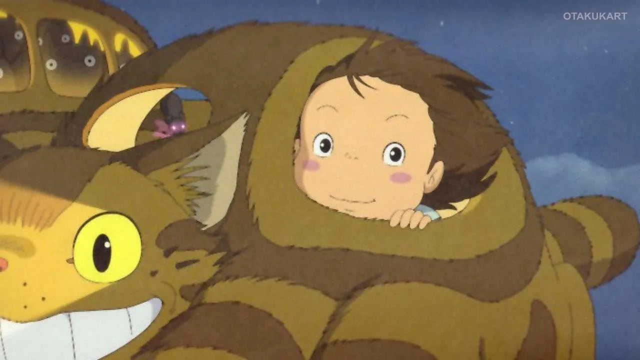 Mei befriends a young Catbus during a nighttime adventure in Studio Ghibli Hayao Miyazaki short film.