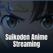 Close-up view of an anime character with determined eyes and brown hair from Suikoden.