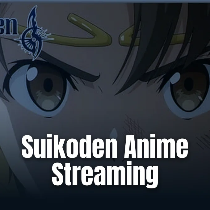 Close-up view of an anime character with determined eyes and brown hair from Suikoden.