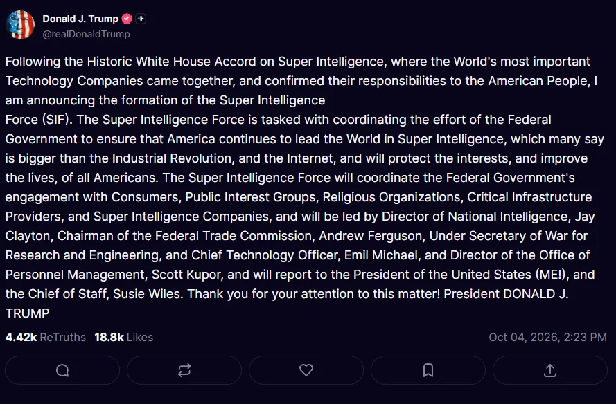 Truth Social announcement from Donald Trump announcing the Super Intelligence Force