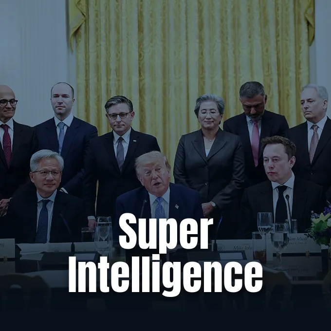 Donald Trump sits at a table alongside prominent tech executives and political figures during a meeting.