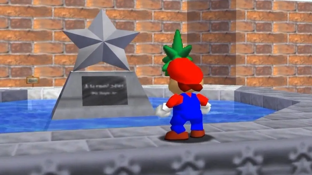Stone Star statue and courtyard plaque in Super Mario 64
