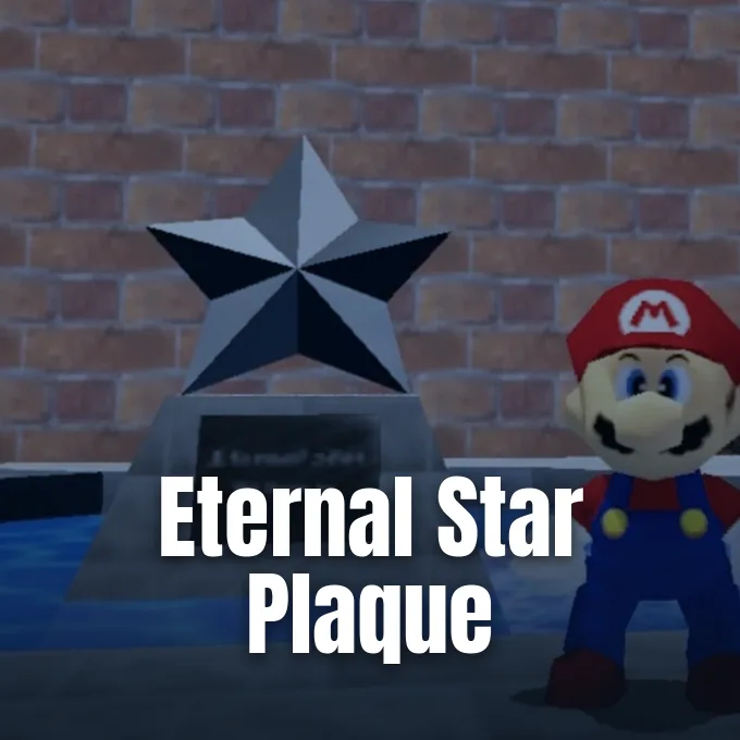 Mario standing next to the star statue and courtyard plaque in Super Mario 64.