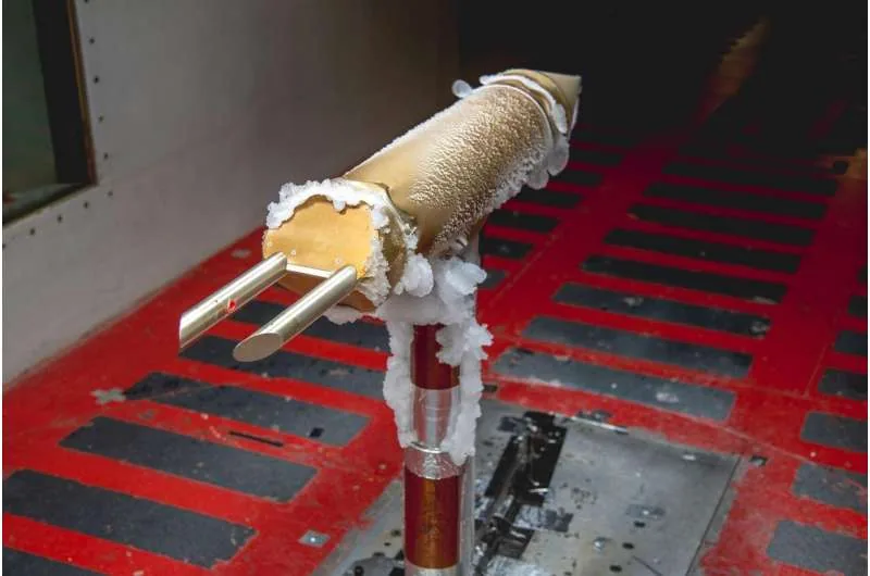 The 1D2D-X probe in the Icing Research Tunnel measures supercooled large droplets for aircraft safety.