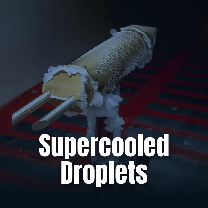 A specialized meteorological probe covered in frost and ice during tests inside a wind tunnel