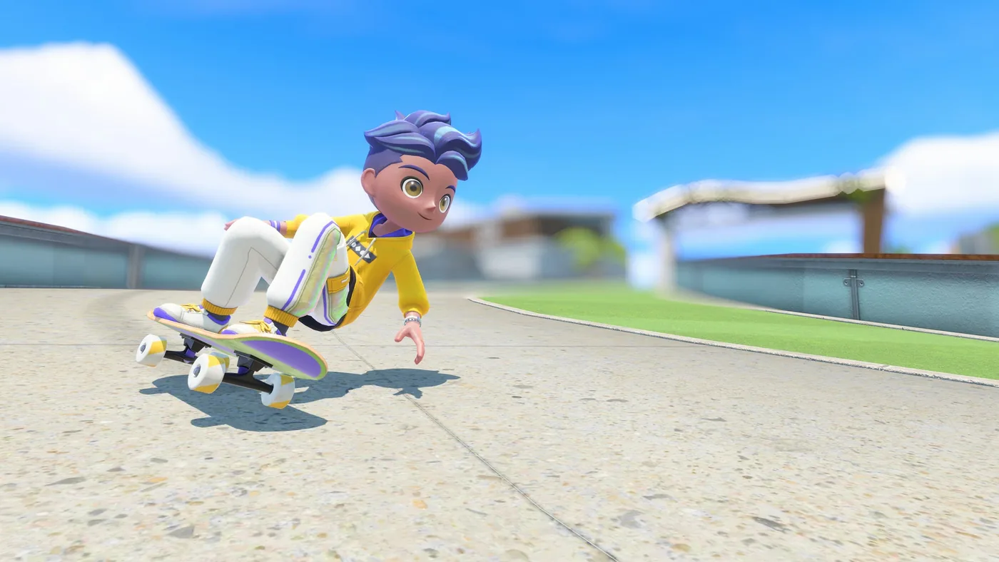 A player navigates island streets during the skateboarding event.