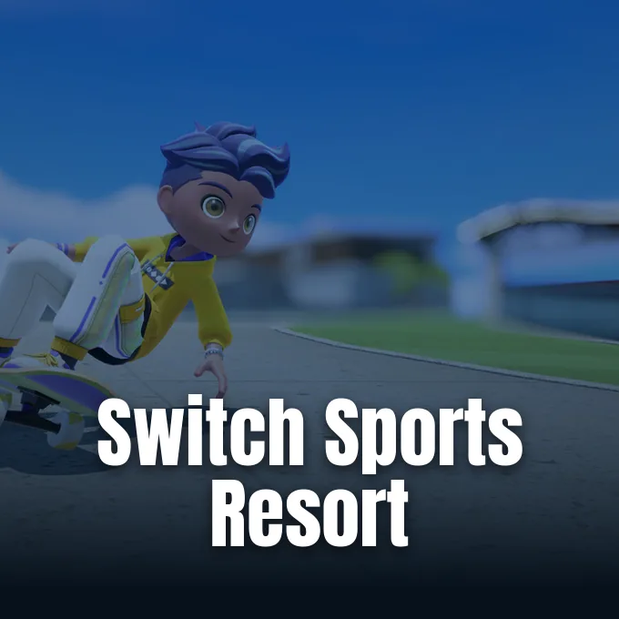 A stylized game character rides a skateboard across a paved track under a blue sky.