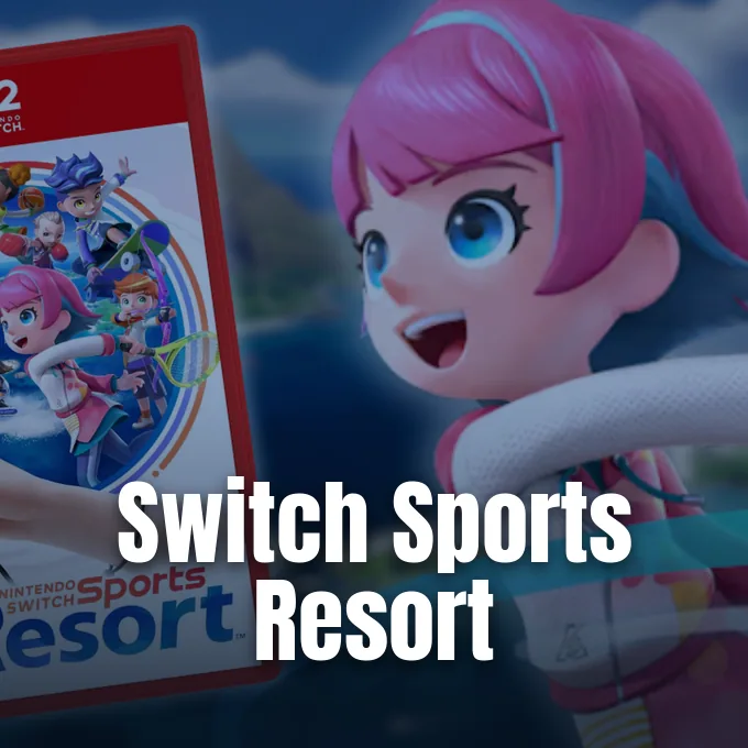 A pink-haired animated sports avatar stands next to a Nintendo game box against a blue background.