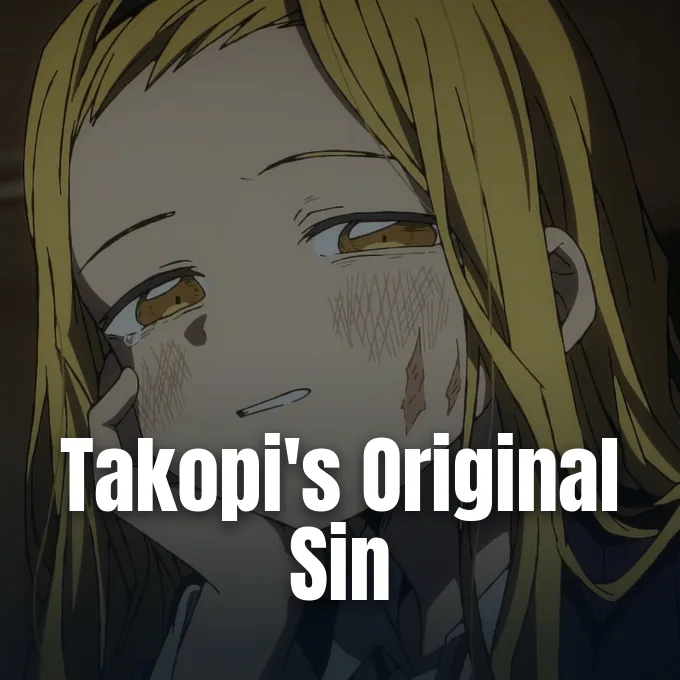 A blonde anime girl with scratches on her face smiles faintly in a dark room.