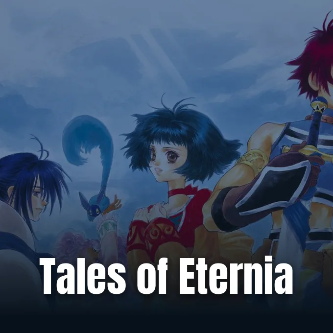 Key artwork depicting characters and a small creature from Tales of Eternia against a blue sky.