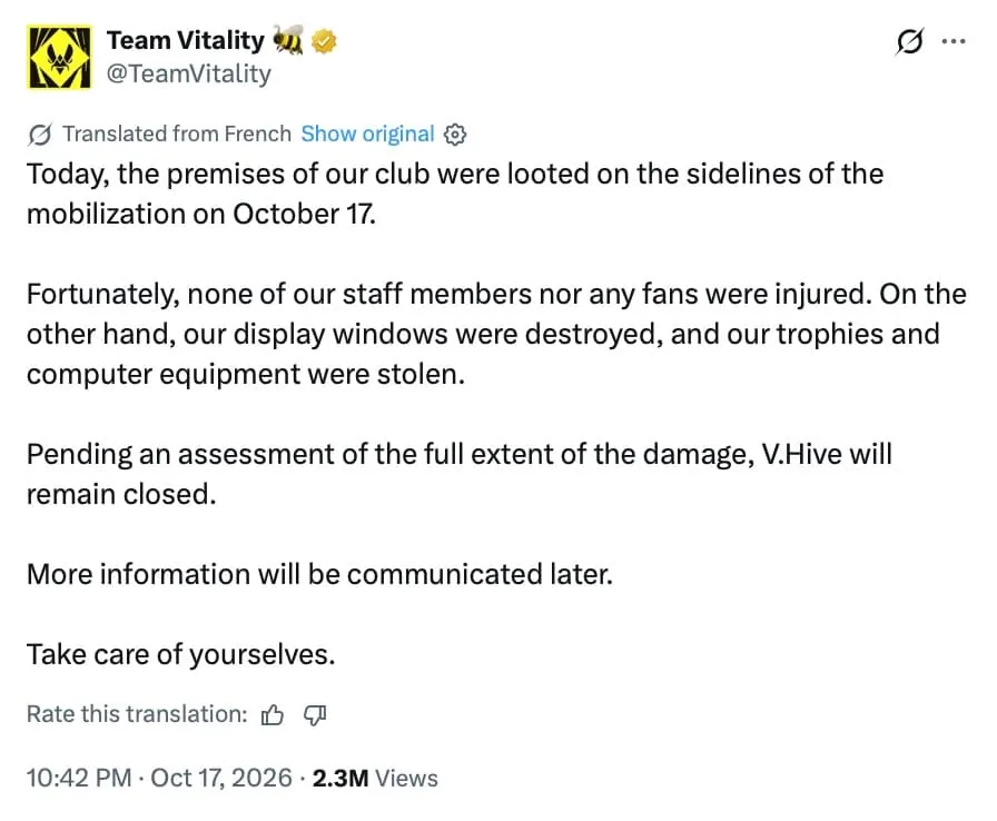 Team Vitality statement on V-Hive destruction