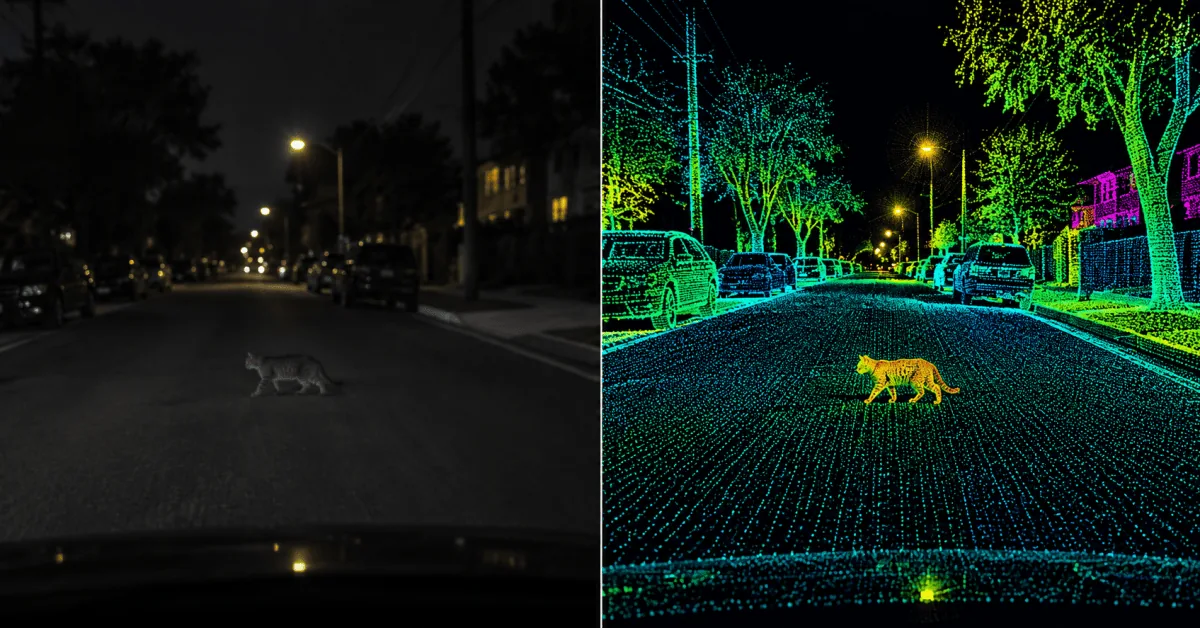 Night street sensor comparison between vehicle camera views and lidar detection.