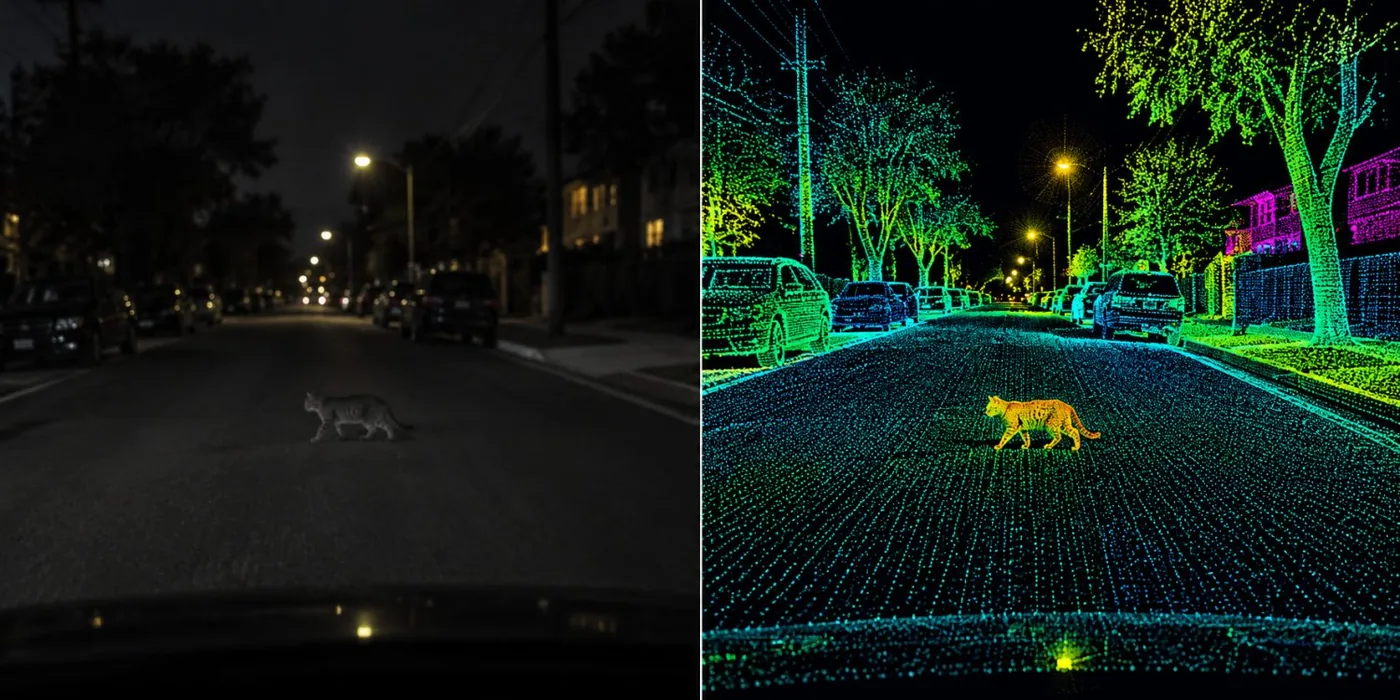 Sensor comparison graphic titled Night Street Camera vs Lidar.