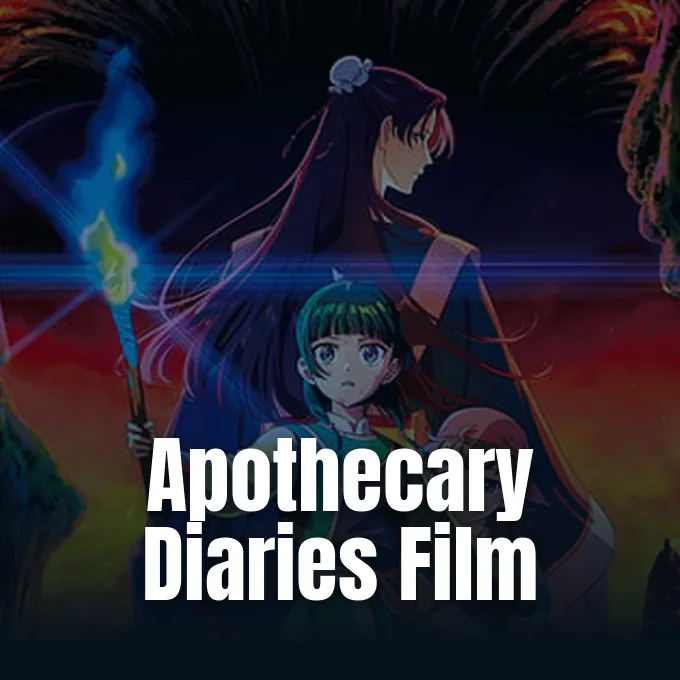 Maomao and Jinshi stand against a dark dramatic backdrop illuminated by a glowing blue torch flame.
