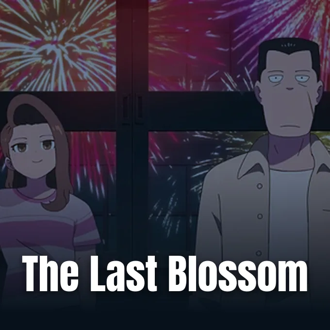 Two anime characters looking forward indoors with colorful fireworks bursting in the background.