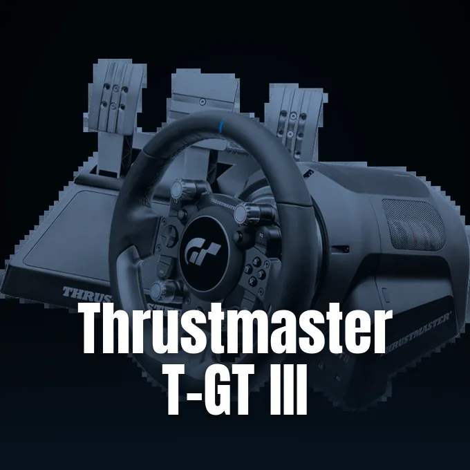 A Thrustmaster racing wheel and pedal set designed for racing simulation on a dark background.