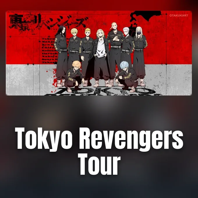 Tokyo Manji Gang members standing together in black uniforms against a red and white graphic background.
