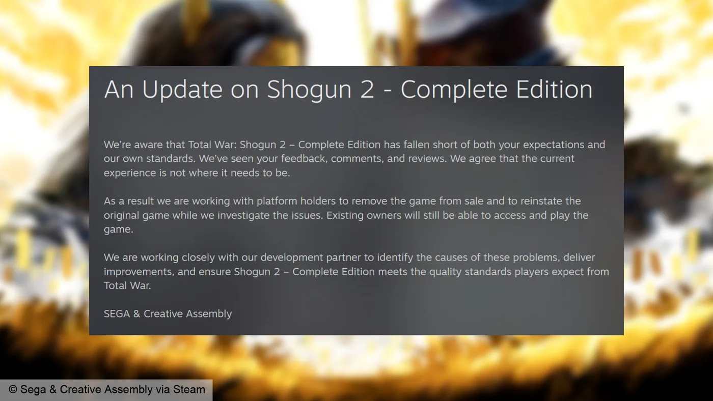 Statement from Sega and Creative Assembly on Total War: Shogun 2.