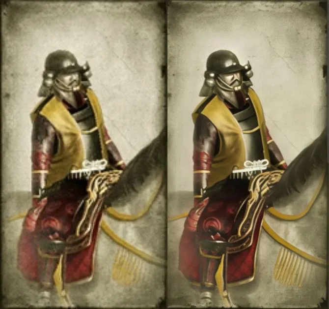 In-game unit card artwork from Total War: Shogun 2 displaying AI upscaling artifacts.