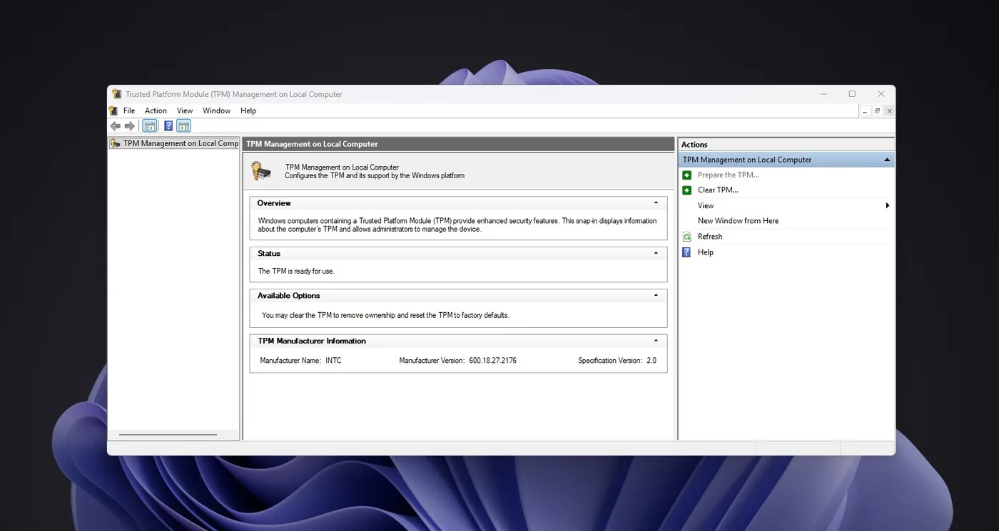 Windows management console displaying cryptoprocessor specification details.