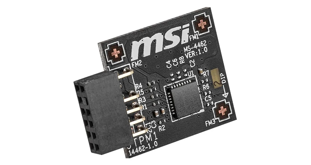 A discrete hardware security chip soldered onto a computer motherboard.