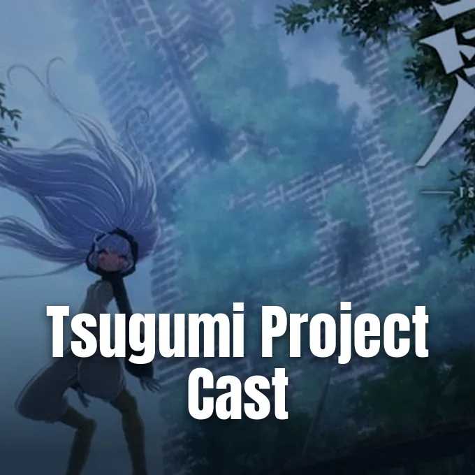 Tsugumi leaping against a backdrop of ruined overgrown city skyscrapers.