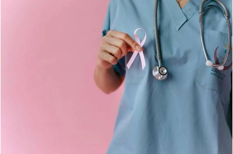 Laboratory analysis of breast cancer tissue during clinical trial evaluation.