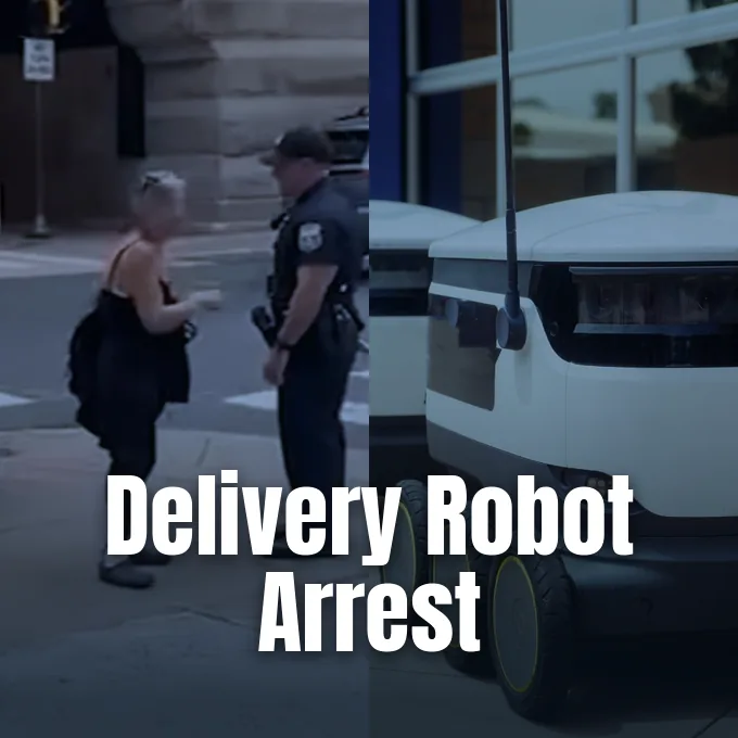 A split image showing a woman speaking with a police officer alongside a sidewalk delivery robot