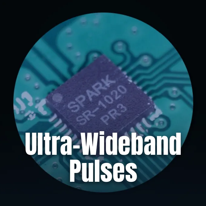 A macro view of an ultra-wideband radio transceiver microchip mounted on a circuit board.