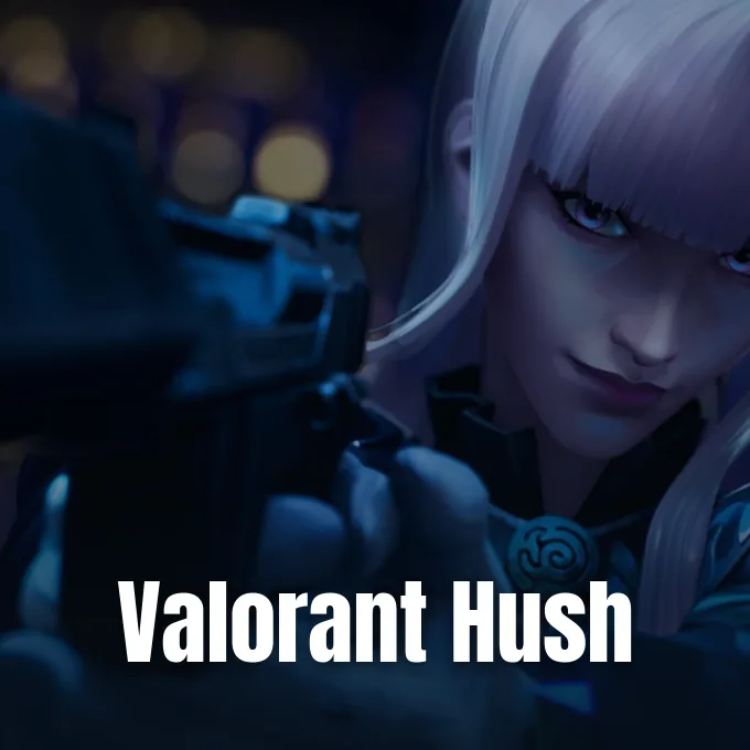 Valorant agent Hush aims a handgun forward with an intense expression in cinematic lighting.