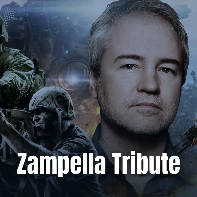 A portrait of video game developer Vince Zampella composited with military combat imagery in the background.