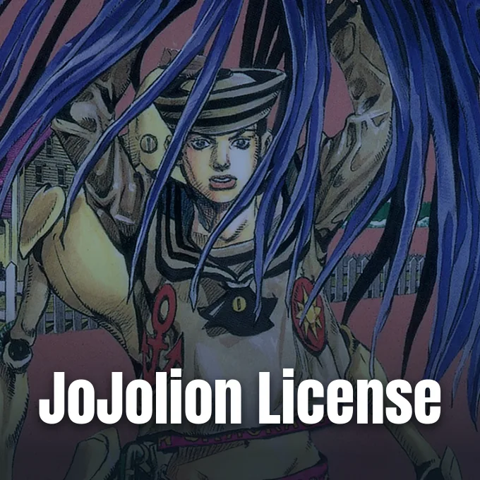 Illustration of Josuke Higashikata from JoJolion framed by purple hair strands against a pink background.