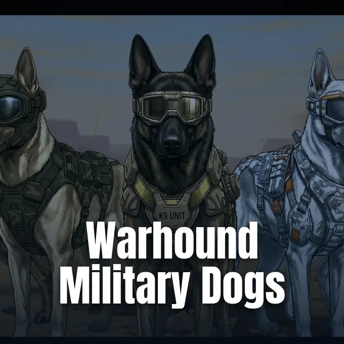 An illustration of three tactical military dogs wearing protective combat gear and specialized goggles.