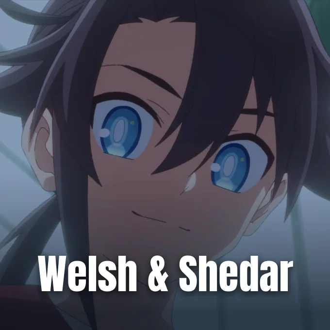 An animated young anime character with dark hair and blue eyes smiling gently forward